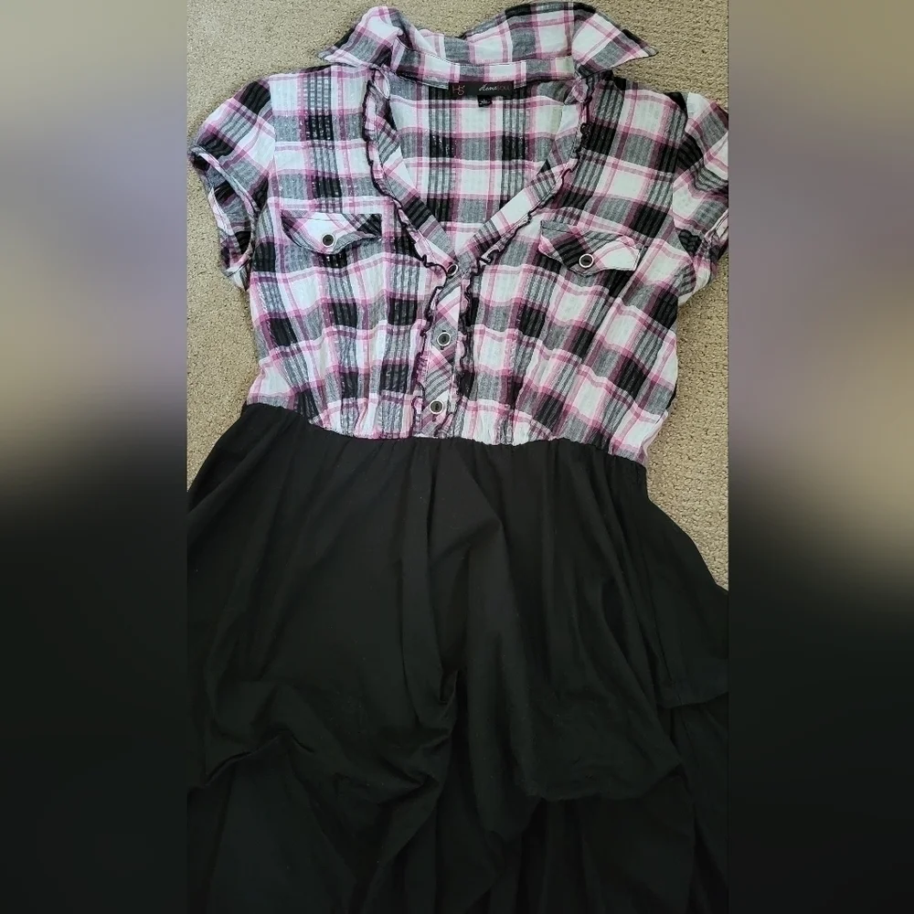 Heart & Soul Black & Pink Plaid Ruched Bubble Bottom Dress